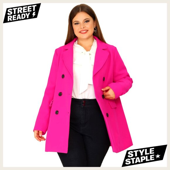 Plus Size Double Breasted Long Wool Coat Notched Lapel Lined
